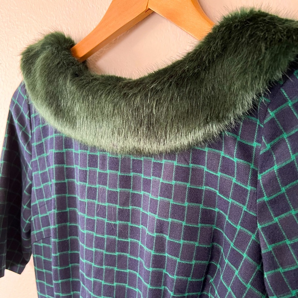 Collectif Navy and Green dress with Faux Fur Trim